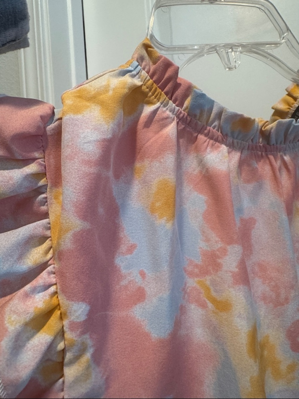 Woman’s Pink Orange Blue Spring Tie-Dye Ruffle Short Sleeve Top - Picture 9 of 9